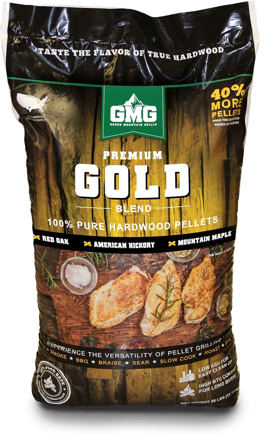 Green Mountain Grills GMG-2001-GOLD Premium Gold Blend Pellets de madera pura con sabores de madera de roble negro, nogal, olmo y mezquite para asar carne